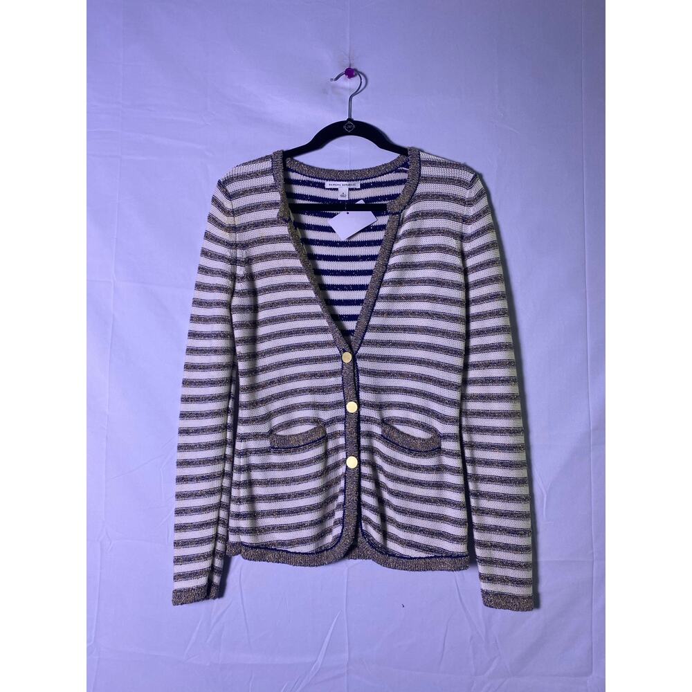 Banana Republic Metallic Blue White Stripes Buttons Cardigan Sweater Women Small